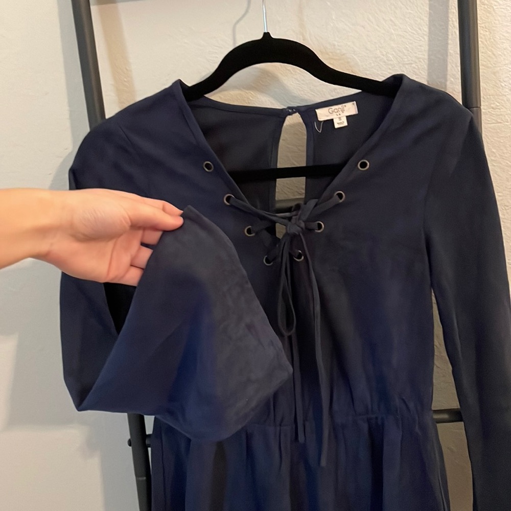 Super SOFT suede-like blue tunic with cinched waist and laced-neck detail